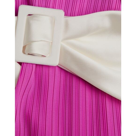 Solace London Tanzy Fuchsia Pleated White Bow Long Sleeve Mini Cocktail Dress - Picture 10 of 16